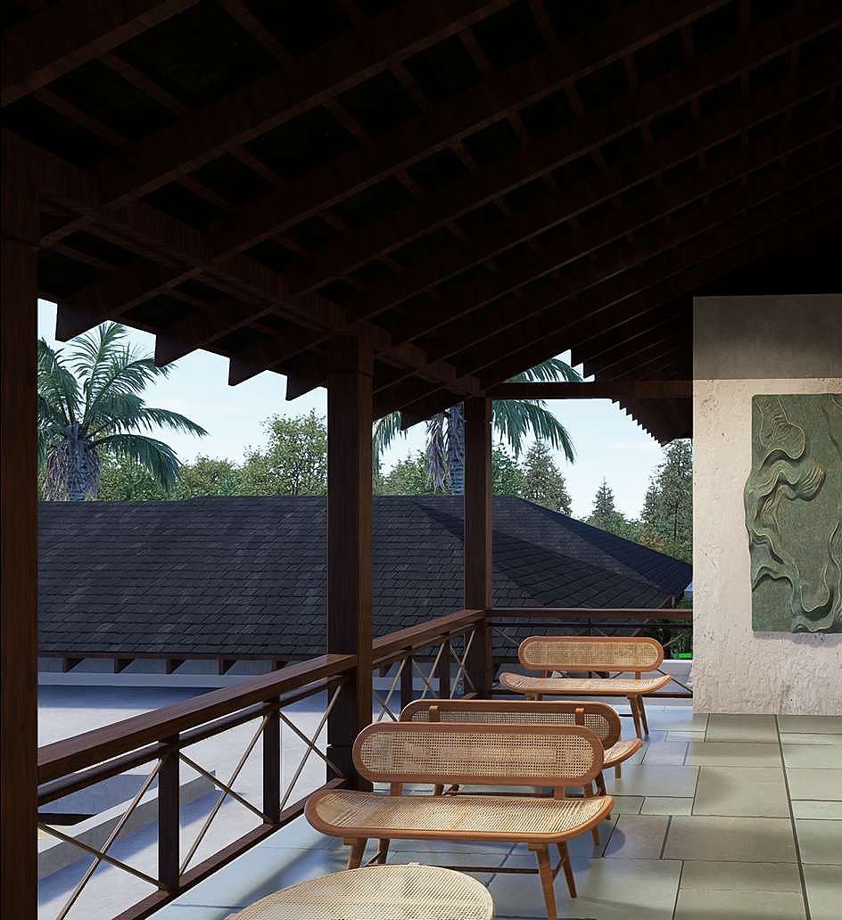 Shaded upper verandah with cane seating overlooking tiled roofs