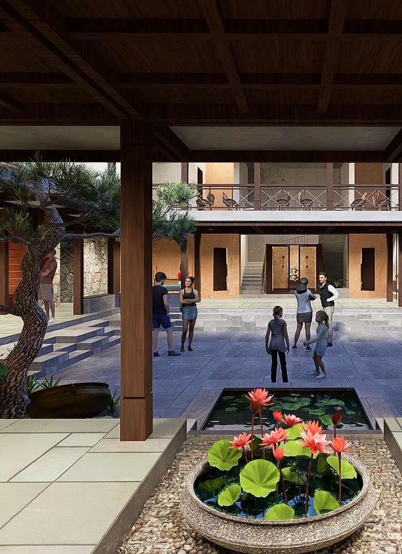 Central courtyard with lotus water feature and timber colonnade