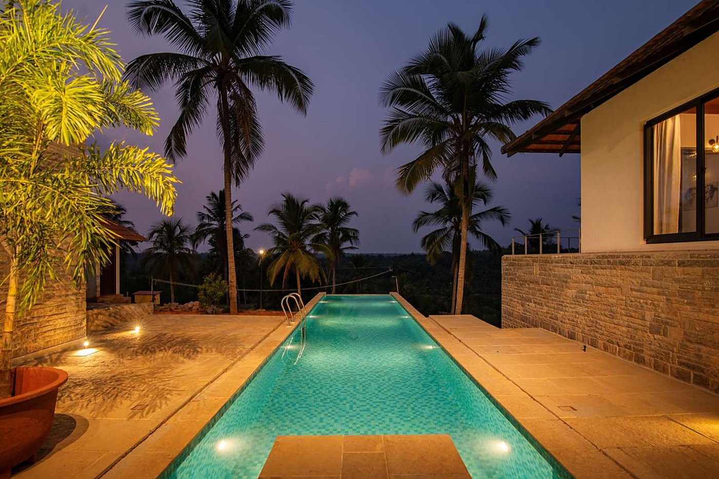 Pool terrace at dusk, framed by coconut palms
